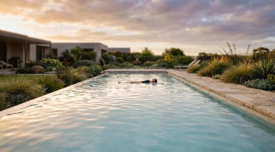 Serene backyard magnesium pool with crystalline water creating a spa-like wellness retreat atmosphere