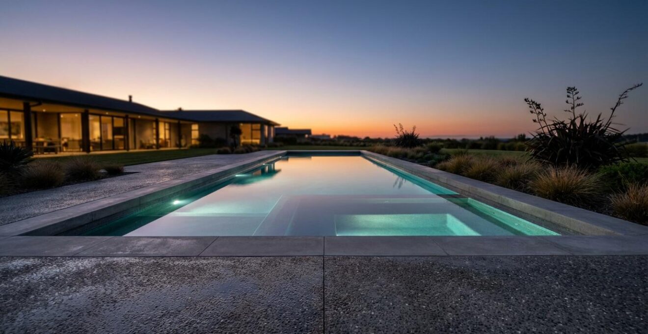 Luxury reinforced concrete pool at twilight with architectural lighting and landscaping