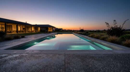 Luxury reinforced concrete pool at twilight with architectural lighting and landscaping