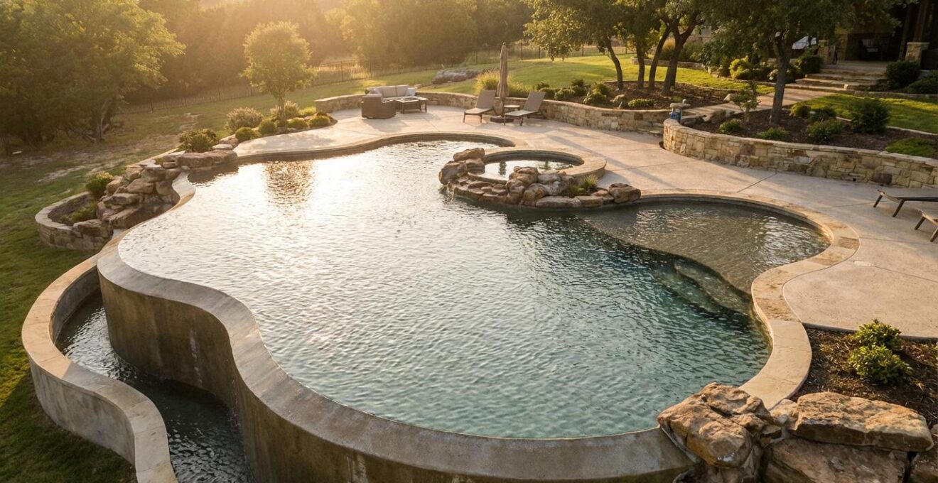 Luxurious free-form shotcrete pool with complex organic curves nestled in landscaped backyard
