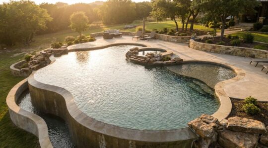 Luxurious free-form shotcrete pool with complex organic curves nestled in landscaped backyard
