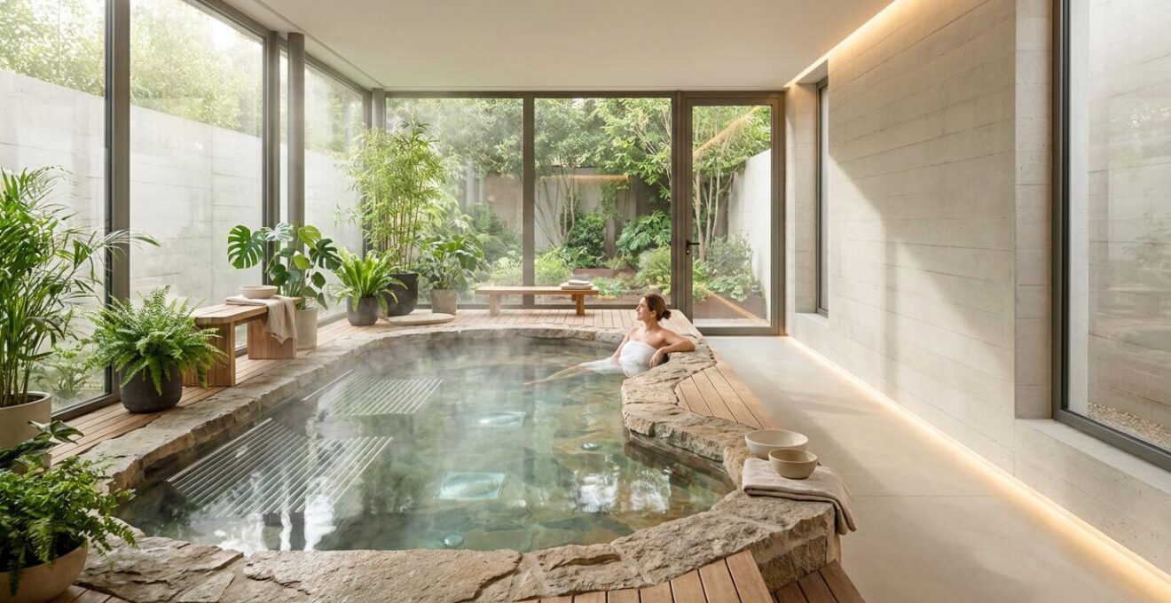 Luxurious home spa with therapeutic pool surrounded by natural stones and plants