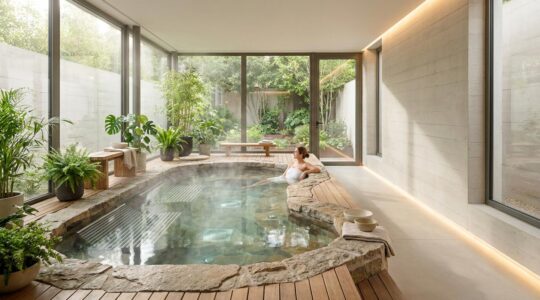 Luxurious home spa with therapeutic pool surrounded by natural stones and plants