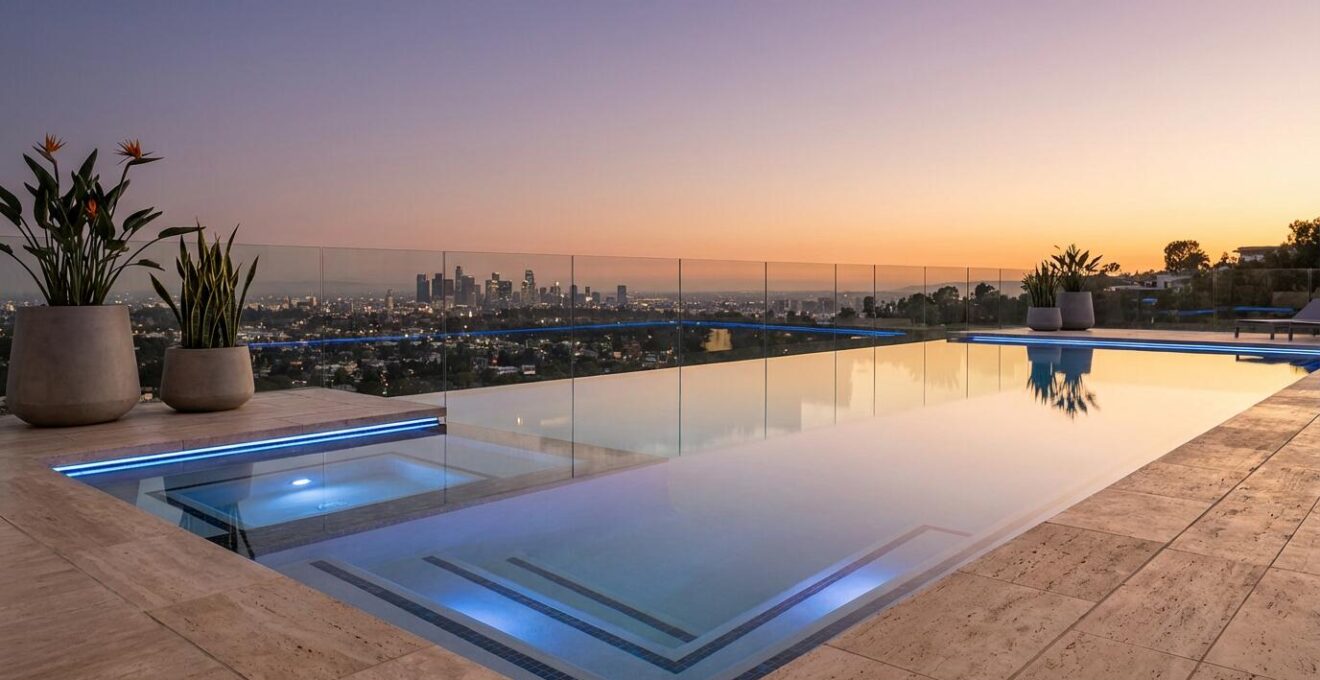 Luxury infinity pool with glass edge overlooking a city skyline at sunset