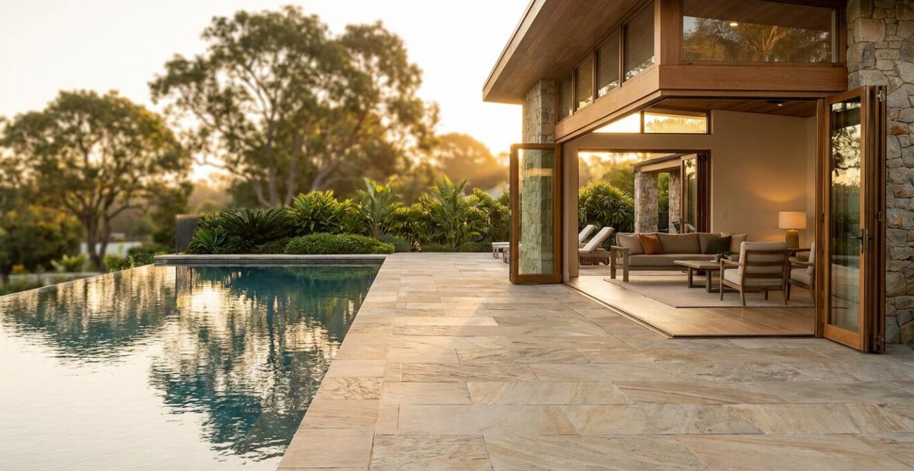 Modern luxury pool house with bi-fold glass doors opening to pool deck during golden hour