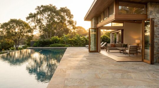 Modern luxury pool house with bi-fold glass doors opening to pool deck during golden hour
