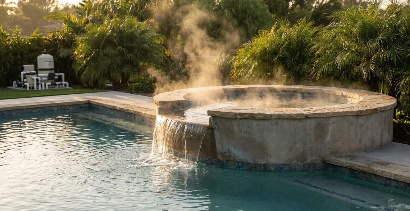 Elevated spa with cascading water feature flowing into a crystal-clear swimming pool, showcasing dual temperature control system