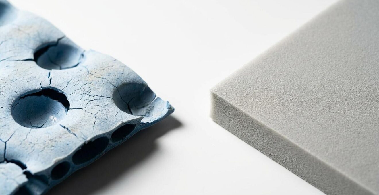 Extreme close-up comparison of UV-damaged bubble cover material versus intact foam cover showing degradation patterns