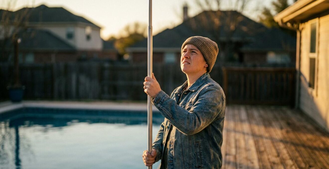 A person using a telescoping measuring pole to determine the required height for a privacy screen by the pool, blocking the view from a neighboring house.