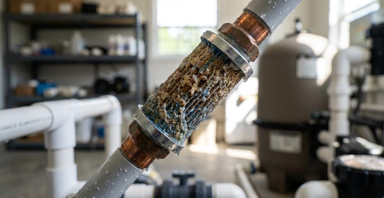 Close-up of pool mineral system equipment installation showing natural filtration components