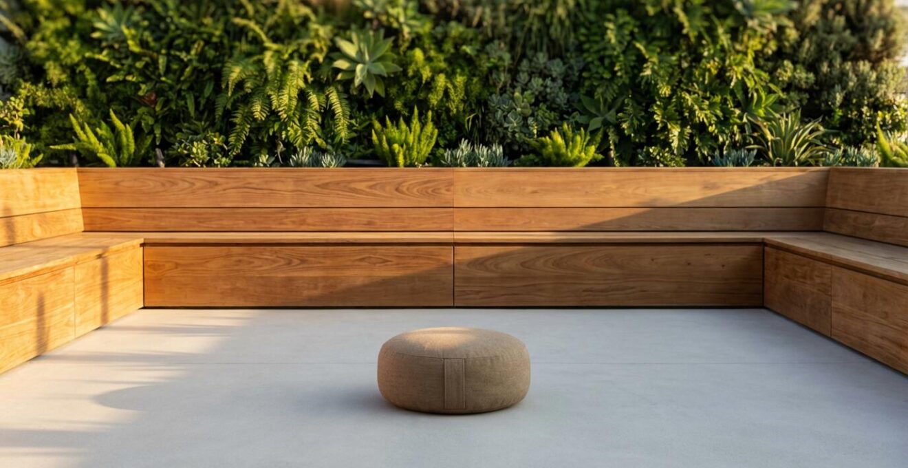 Clean pool deck with seamlessly integrated storage benches and concealed equipment behind natural screening