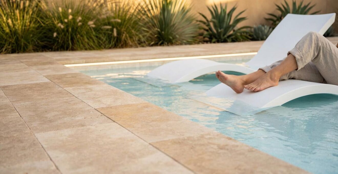 Split view showing pool renovation with modern travertine coping and LED lighting