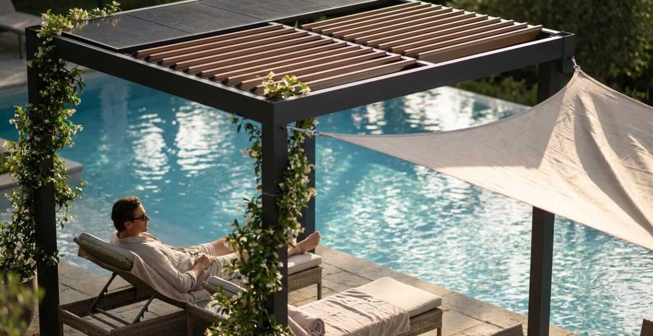 Split view showing pergola and shade sail installations over swimming pools