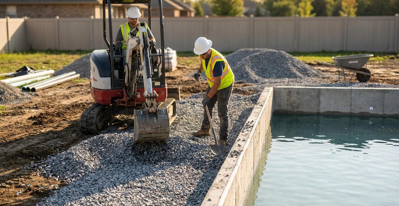 Construction site showing proper synchronized pool filling and backfilling process with clean gravel being placed around pool shell