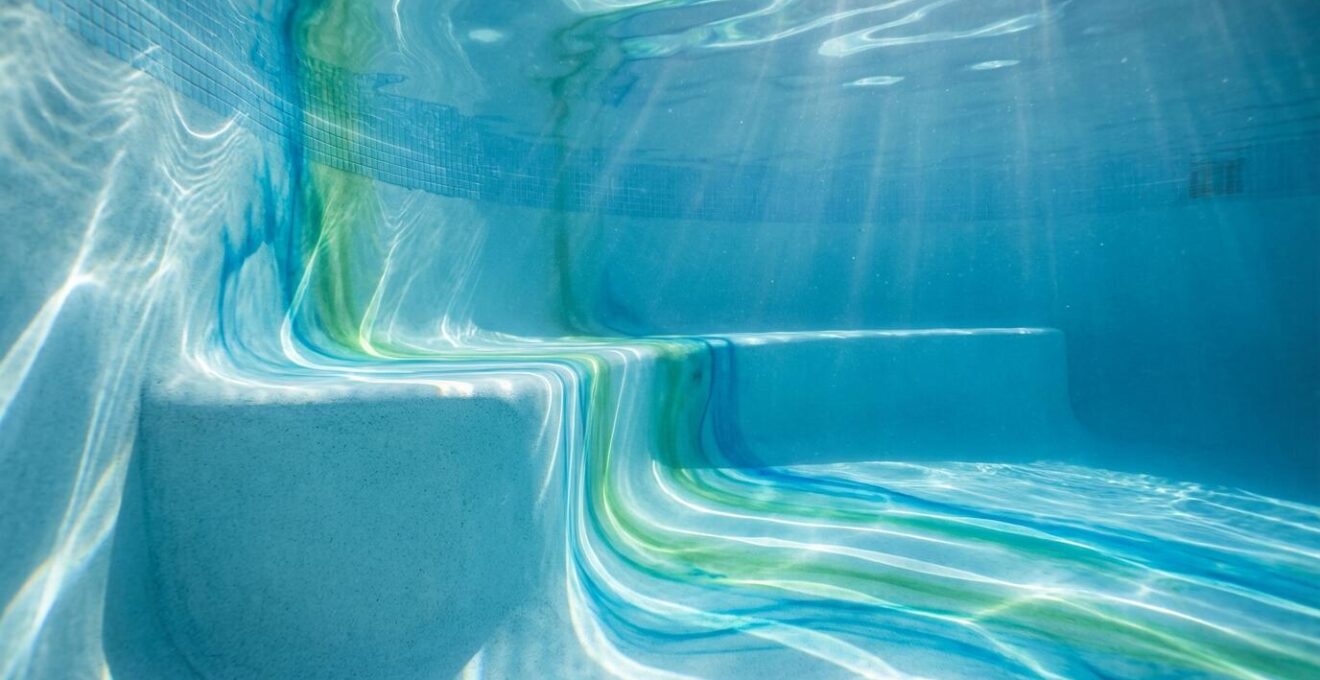 Underwater shot showing smooth curved transition under pool bench with visible water circulation
