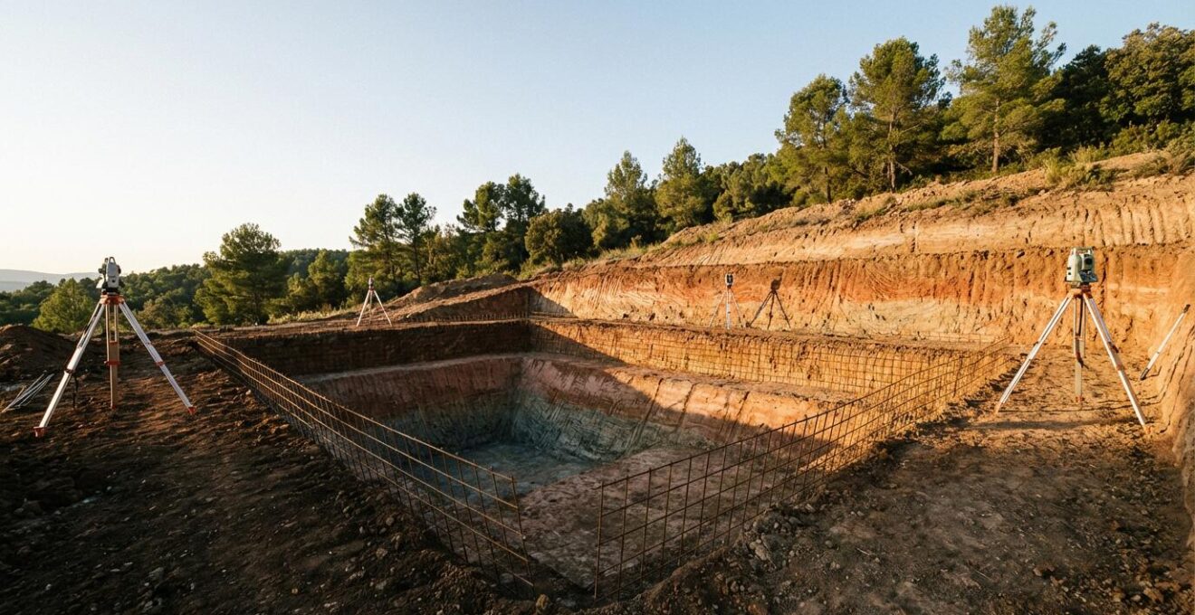 Professional assessment of clay soil conditions at swimming pool construction site showing depth measurements and ground stability testing