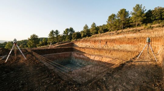 Professional assessment of clay soil conditions at swimming pool construction site showing depth measurements and ground stability testing