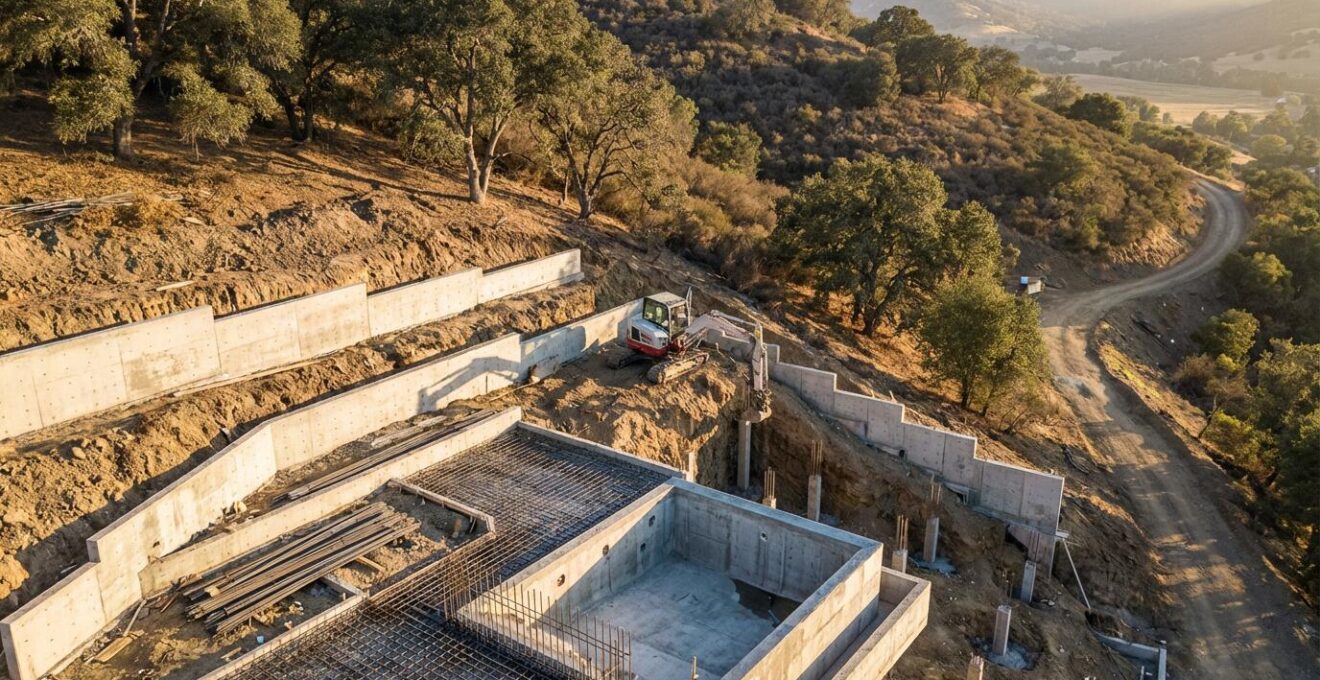 Swimming pool construction site on a dramatic hillside slope with retaining walls and excavation equipment