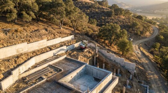 Swimming pool construction site on a dramatic hillside slope with retaining walls and excavation equipment