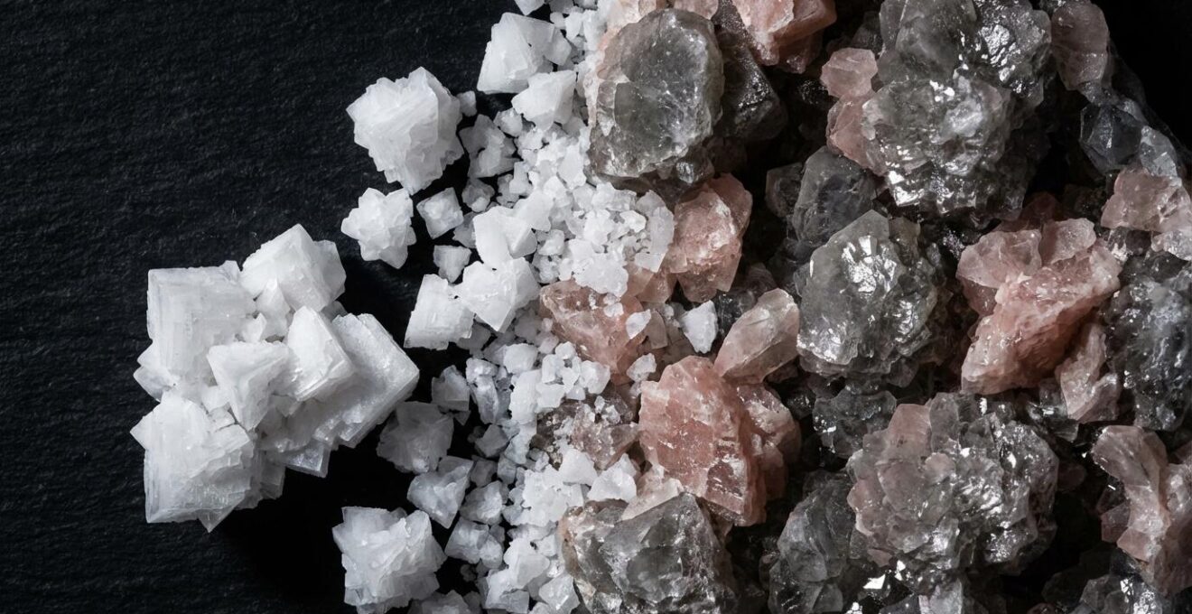 Close-up comparison of white pool salt crystals transitioning to mineral blend