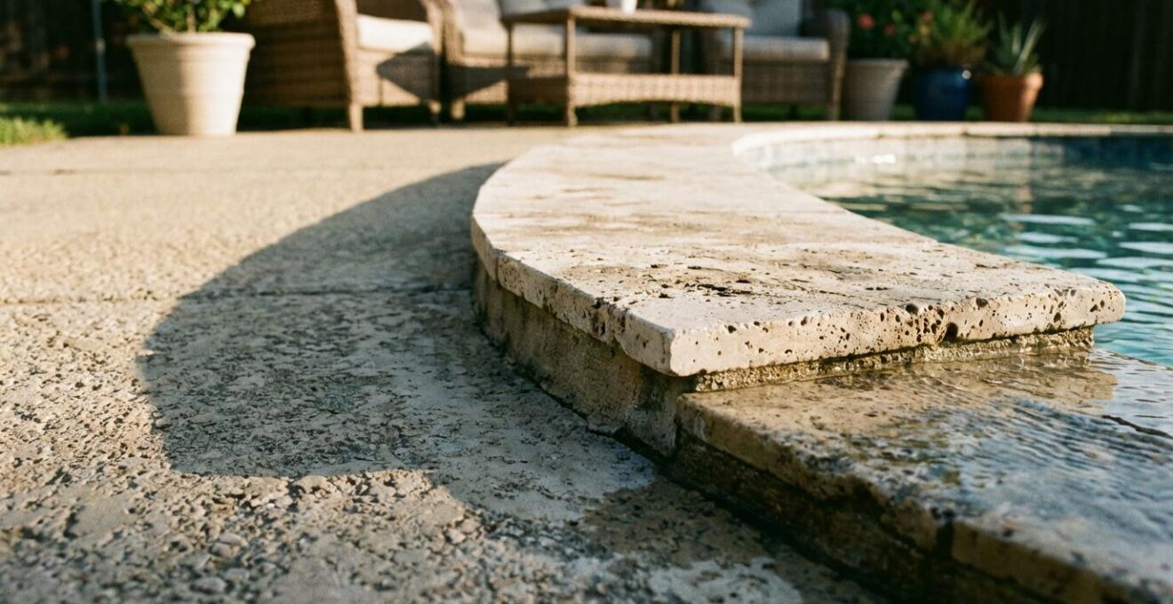 Professional photograph showing pool coping and deck alignment issue