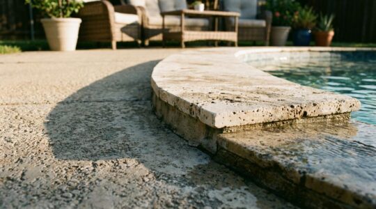 Professional photograph showing pool coping and deck alignment issue