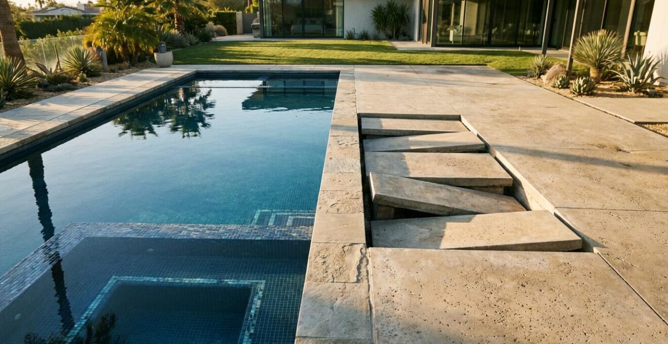 Pool deck showing signs of soil subsidence with uneven concrete slabs and visible settlement gaps