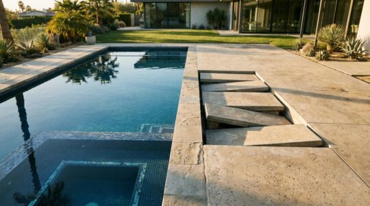 Pool deck showing signs of soil subsidence with uneven concrete slabs and visible settlement gaps