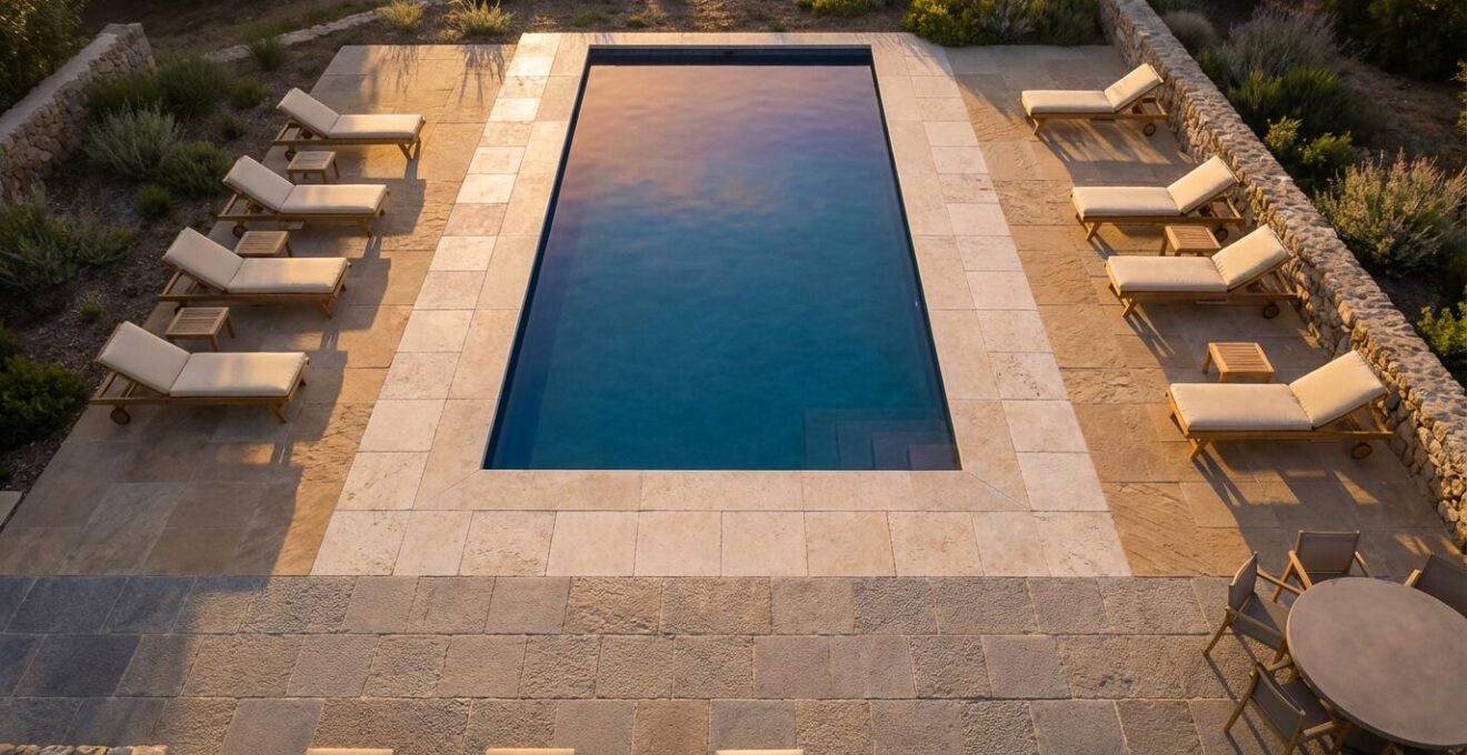 Aerial view of pool deck showing dynamic use zones with loungers and walkway dimensions