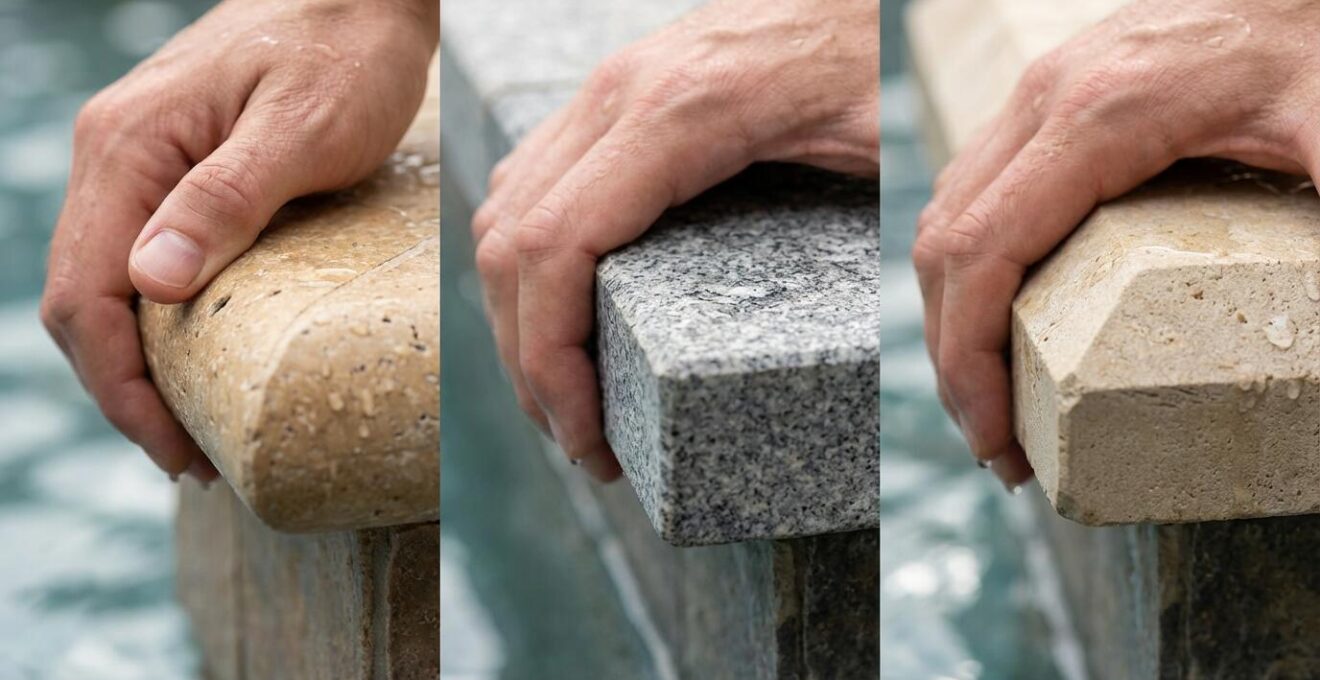 Comparison of different pool coping edge profiles, highlighting the safe, rounded grip of bullnose versus sharper edges.