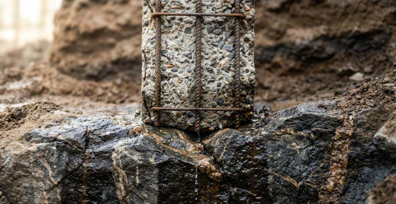 Cross-section view of pool foundation showing deep piers and caissons anchoring into bedrock