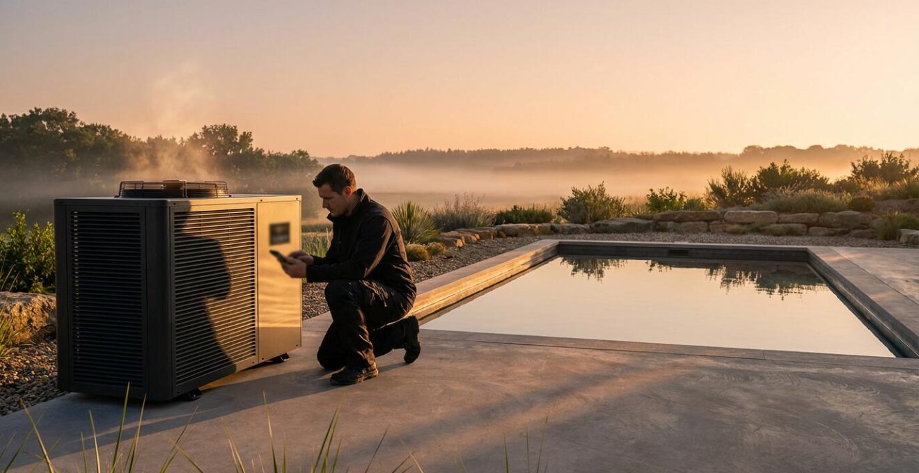 Professional pool heat pump installation with performance monitoring equipment showing ambient temperature effects