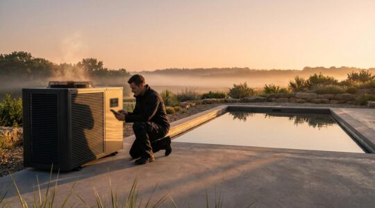 Professional pool heat pump installation with performance monitoring equipment showing ambient temperature effects