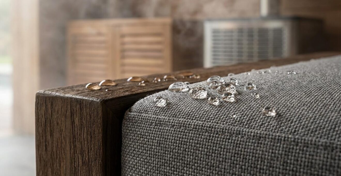 Pool house interior showing teak furniture and visible ventilation systems