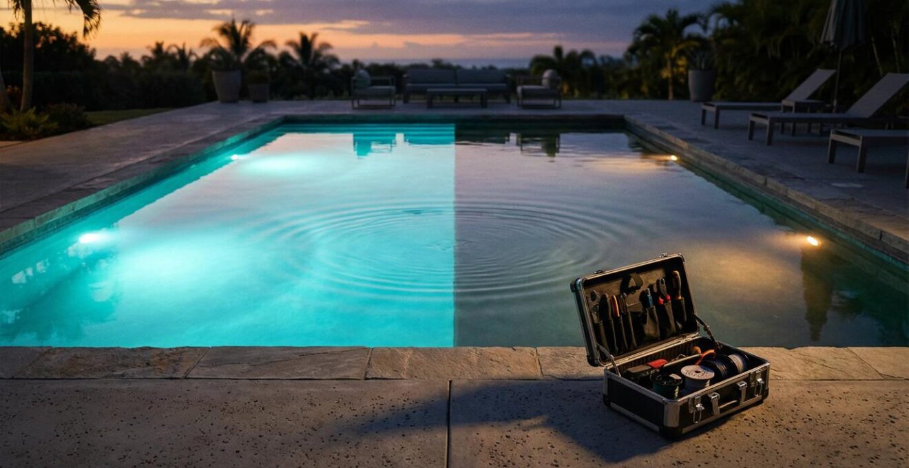 Professional pool LED light installation showcasing vibrant color transformation underwater