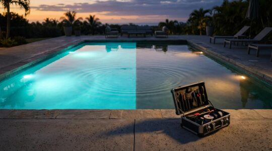 Professional pool LED light installation showcasing vibrant color transformation underwater