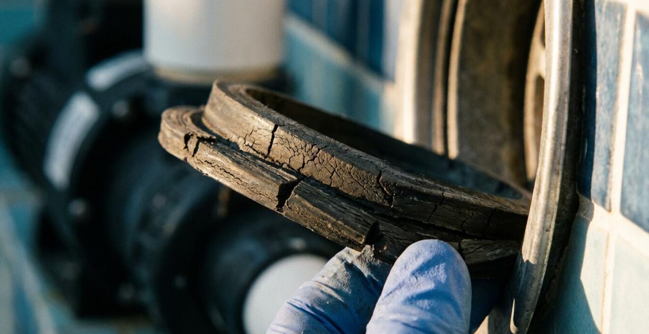 Macro view of aging pool light gasket showing early signs of deterioration