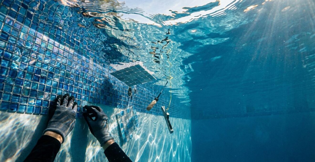 Professional installing glass mosaic tiles underwater in pool with specialized tools