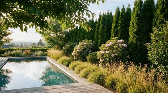 Lush evergreen privacy hedge surrounding a pool area with layered plantings