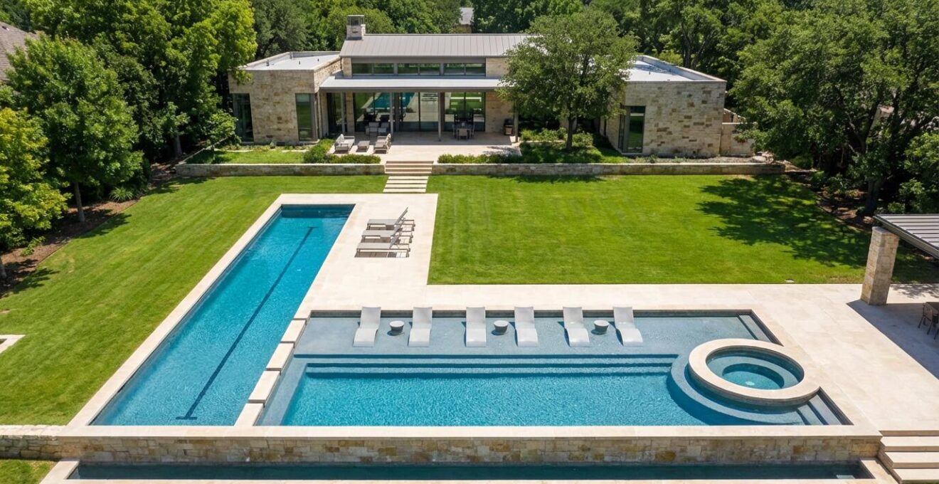 Aerial view of properly proportioned pool showing generous deck space and landscaping