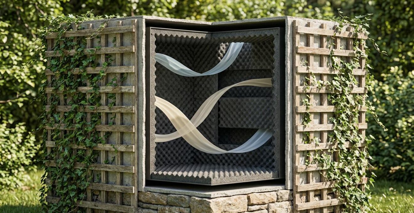 Cross-section view of soundproof pump enclosure showing layered materials and airflow paths