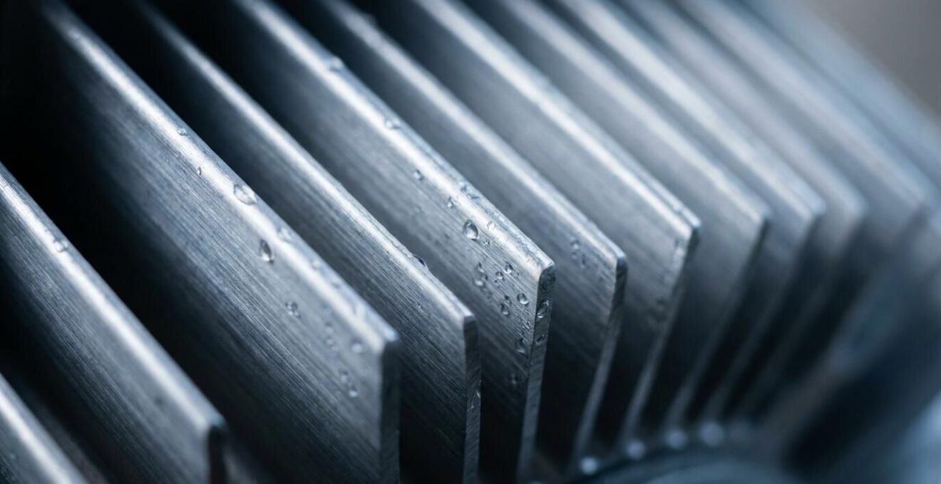 Extreme close-up of TEFC motor cooling fins with water droplets