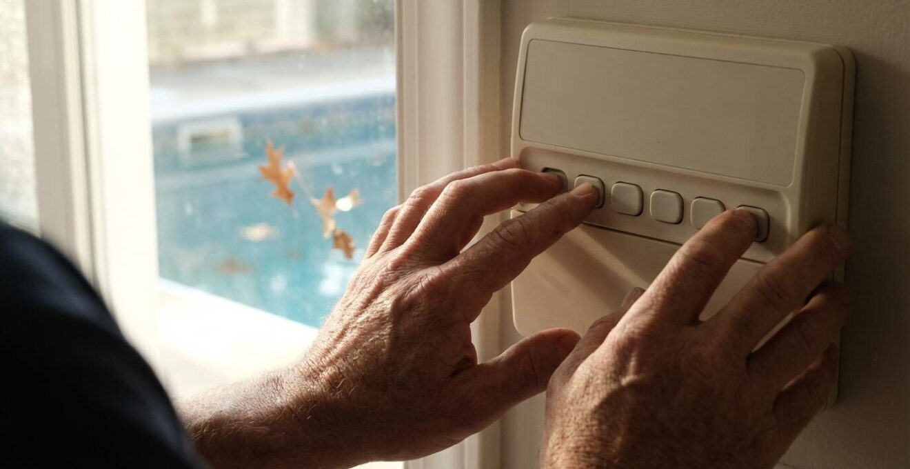 Close-up of hands adjusting pool pump timer settings with seasonal schedule visible