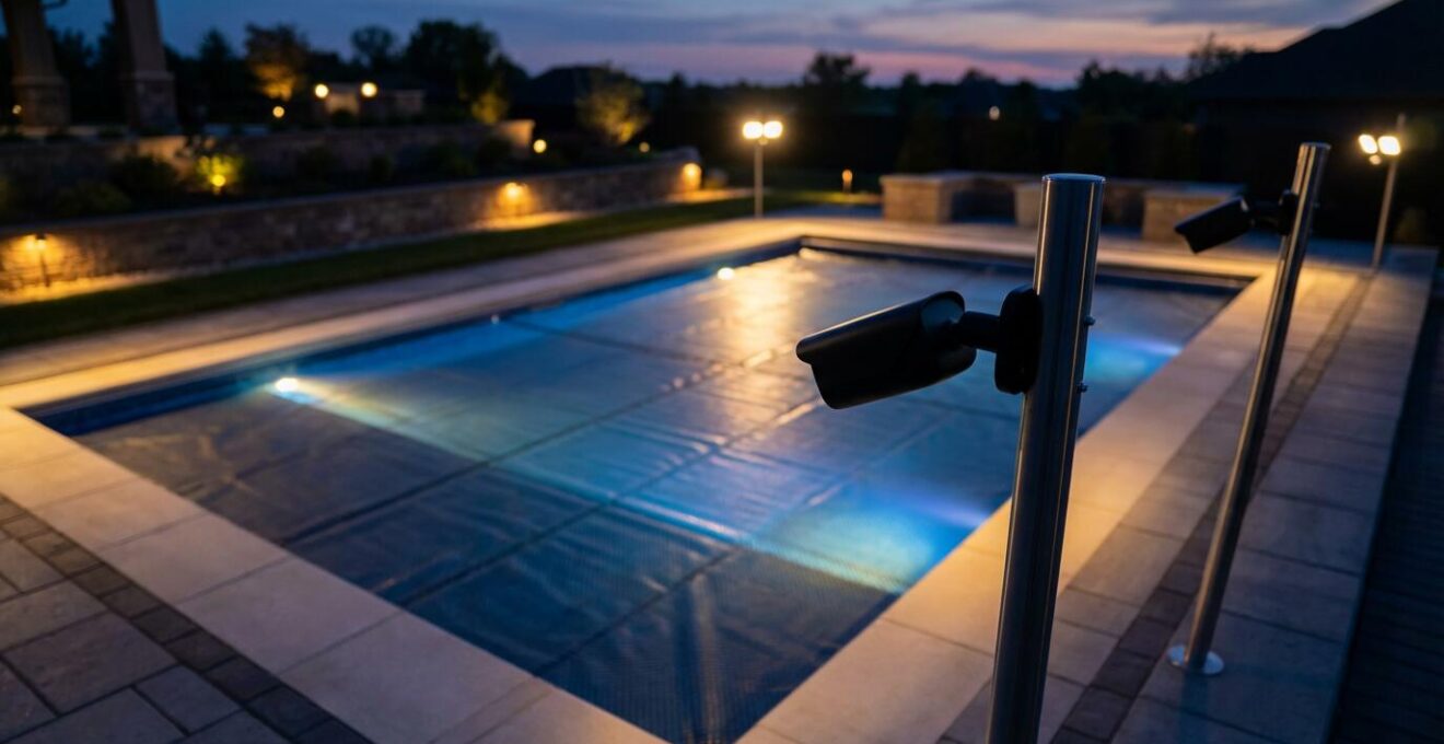 Smart security system monitoring pool area with automated camera triggers