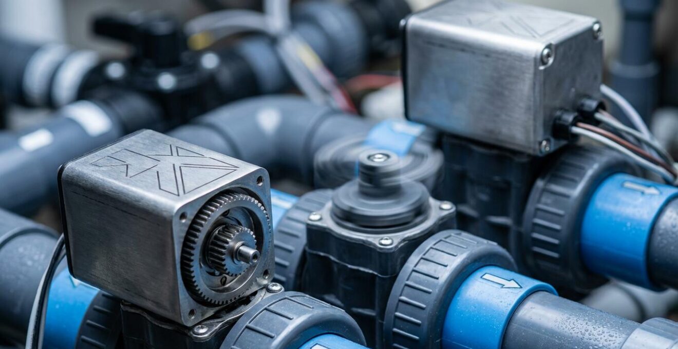 Close-up view of pool equipment pad showing motorized valve actuators and plumbing manifold for pool and spa mode switching