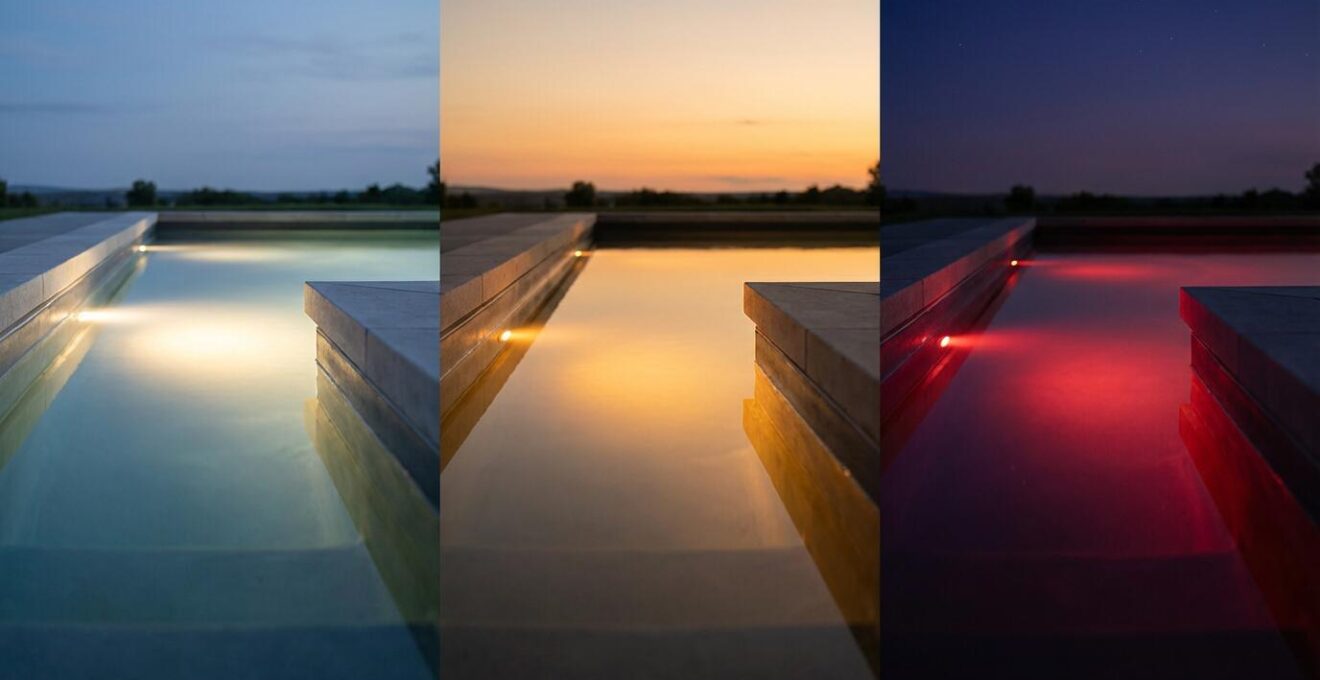 Pool with LED lights transitioning from warm white to orange to deep red mimicking natural sunset