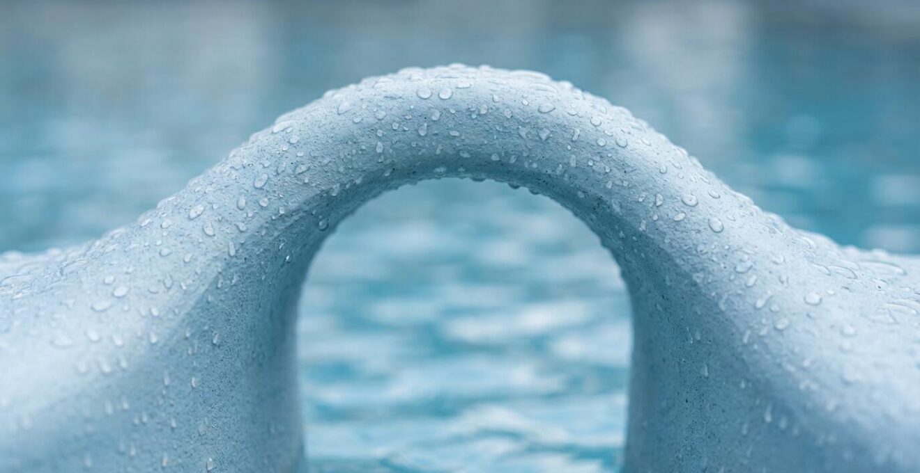 Technical cross-section showing 10-15 degree angled pool wall with integrated lumbar curve