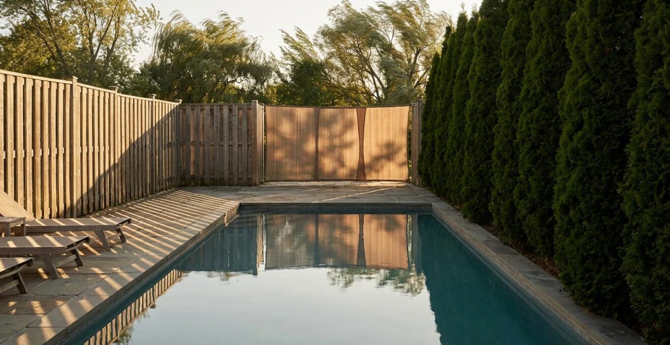 Strategic windbreak placement around swimming pool showing different barrier types