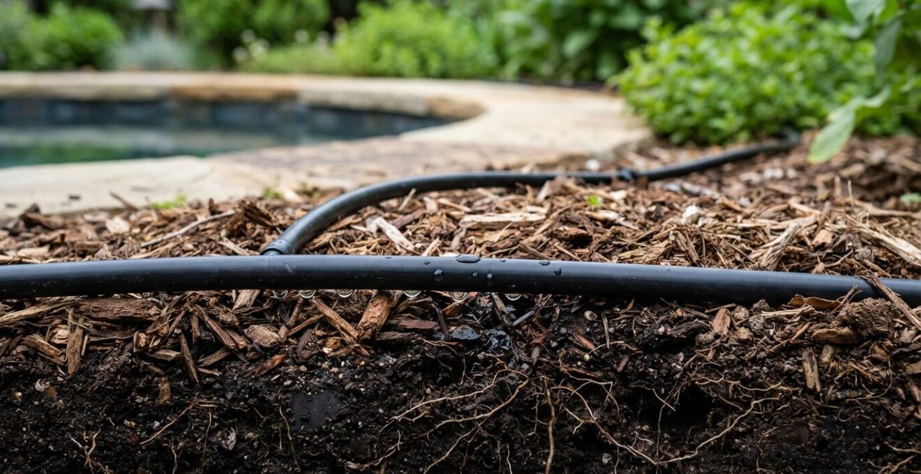 Cross-section view of a poolside garden bed showing subsurface drip irrigation lines and mulch layers