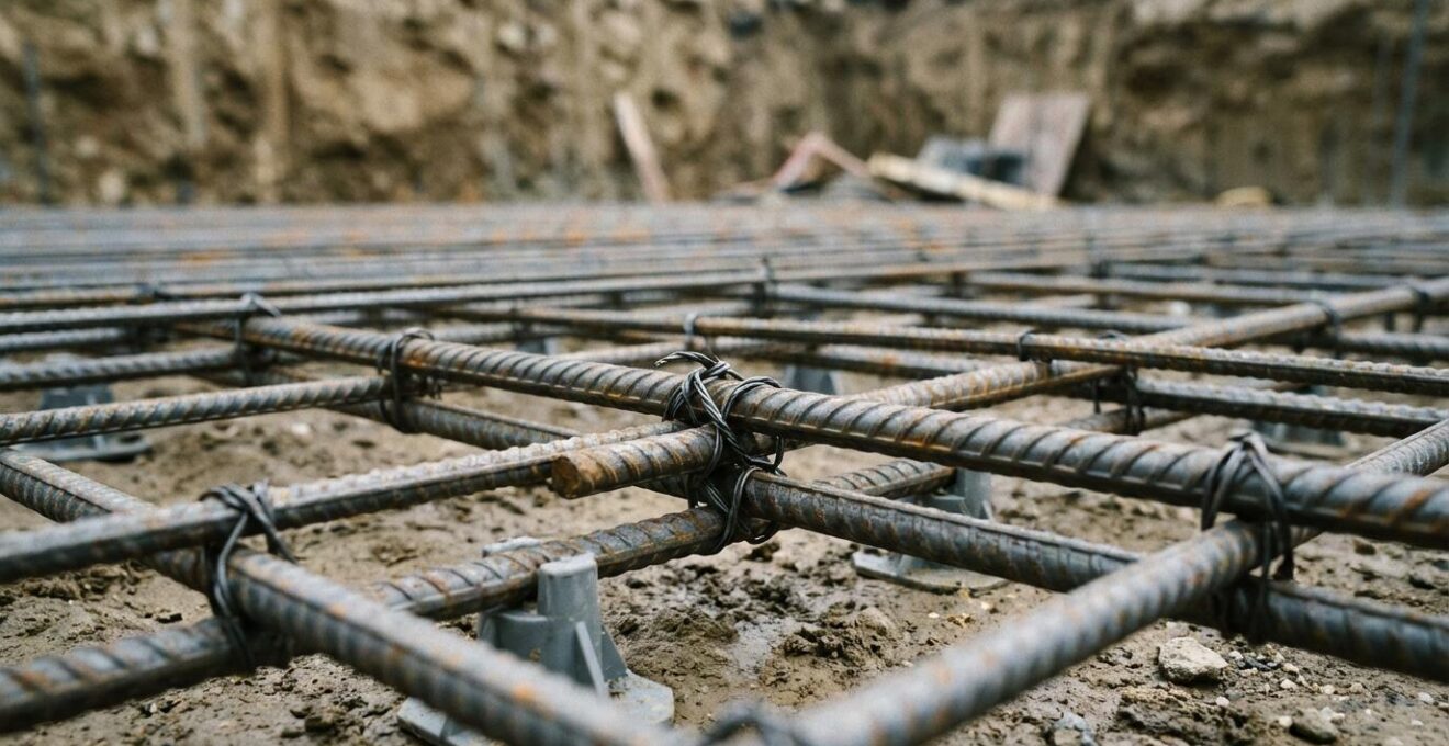 Close-up view of properly spaced rebar cage with chairs in curved pool excavation